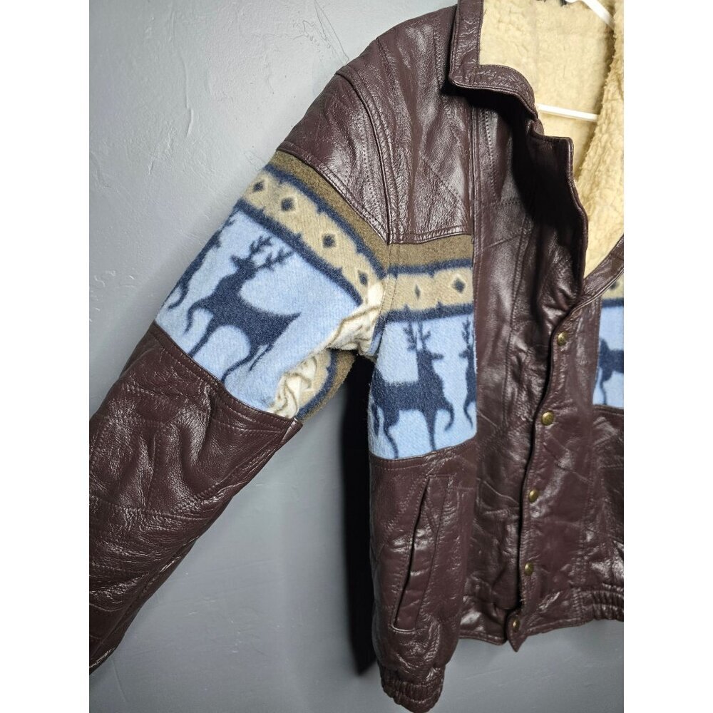 Vintage Brown Leather Bomber Jacket Navajo Sherpa - Picture 3 of 13
